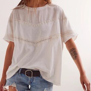 Free People Dorothy Lace Trim Tee - Ivory - Size XS